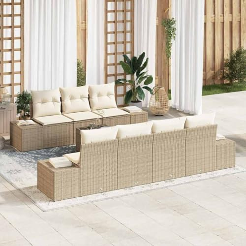 Qnhdfrt 8-teiliges Garten Sofa Set aus schwarzem Rattan mit cremefarbenen Kissen, modernes Outdoor-Loungeset für Terrasse und Garten, UV-beständig und pflegeleicht