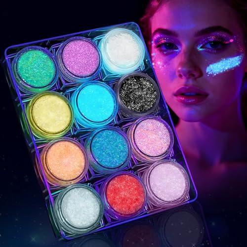 12 Farben Festival Fluoreszierendes Glitzer,Glitzer Gesicht Accessoires,Festival Schminke Pailletten Feine,Body Körperglitzer für Nägel Augen