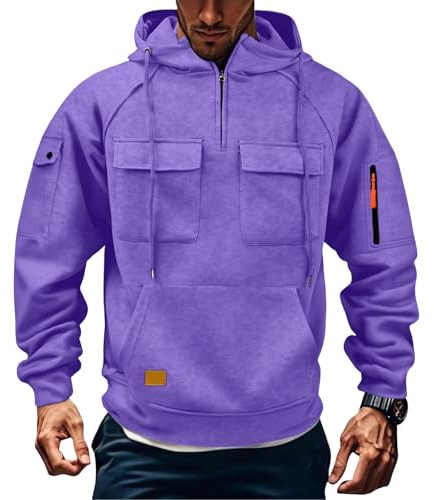 Generico Felpa Uomo Mezza Zip e Cappuccio Abbigliamento da Lavoro con Coulisse E Frontali Tasca Hoodie Firmate a Maniche Lunghe Felpe Elegante Invernali Pullover Taglie Forti Viola 5XL