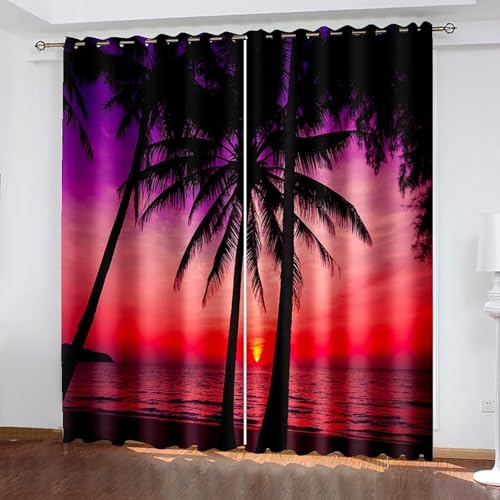 Aotiwe Blackout - Tende per finestre, per feste, colore viola, rosso, nero, tramonto, alberi di cocco, mare, paesaggio, poliestere, set da 2 pezzi, 192 x 214 cm