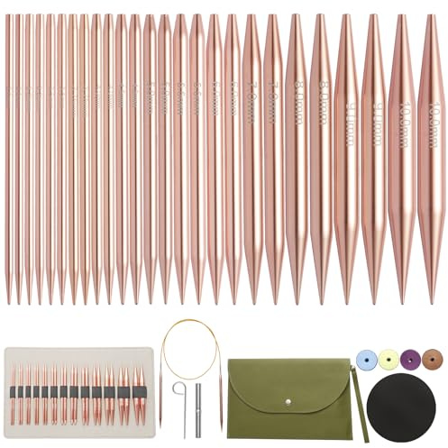 Iswawo Auswechselbare Rundstricknadeln Set, 13 Paare 3,0-10,0 mm Circle Knitting Needle Stricknadeln Naus mit 4 Seile Tasche, für Strickprojekte, Anfänger & Profis geeignet, Aluminium (Roségold)