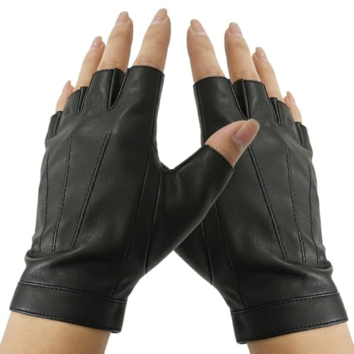 Ucfalfo 1 Pair Fingerless Driving Gloves for Men, PU Faux Fingerless Gloves Black Half Finger for Men Women, Outdoor Sport Cycling Motorcycle, Costume Cosplay Punk Knuckle Hollow Mittens, Black