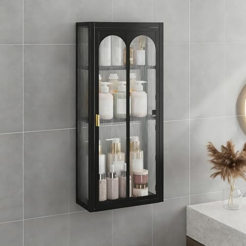Corner Kitchen Wall Mounted Glass Display Cabinet Compact Bathroom Storage Cabinets Wall Mount with Door for Bedroom, Living Room, Bathroom, Kitchen(Black,30 * 14 * 70CM/11.8 * 5.5 * 27.6IN)