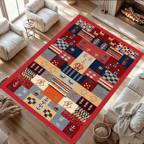 Alfombra de retazos pequeña de 100 x 100 cm, antideslizante, lavable a máquina, pelo corto, alfombra vintage para sala de estar, entrada, oficina, escritorio, mesita de noche, dormitorio, estilo