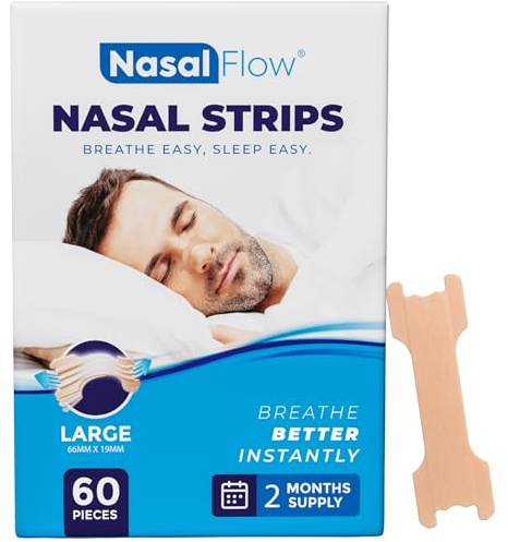 Nasal Strips 60 Pack, Large Nose Strips for Men & Women | Designed to Improve Nasal Airflow, Reduce Snoring & Support Restful Sleep | Drug-Free, Secure Hold | NasalFlow