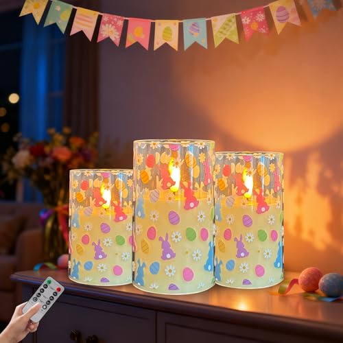 LED Kerzen Ostern mit Timerfunktion, Osterdeko Flammenlose Kerzen mit Fernbedienung, 2 Beleuchtungsmodi und 2 Helligkeitsstufen, LED Stumpenkerzen Batteriebetrieben für Innen Tischdeko Bar Party (A)