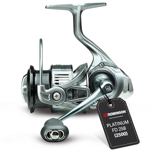 Robinson Angelrolle mit 8 Kugellagern | Spinnrolle mit Rücklaufsperre | 7+1 Kugellager mit Rücklaufsperre · Leichtes Graphit-Alu-Gehäuse · 8 kg Frontbremse · Titannitrid-Schnurlaufröllchen · 325 g