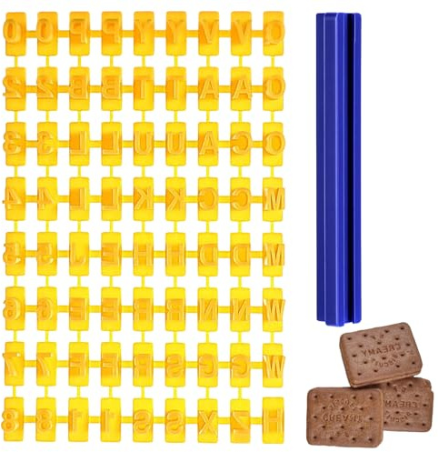 72 Pezzi Stampini Biscotti Lettere e Numeri per Pasticceria, Set Timbri Alfabeto Giallo in Plastica per Decorazione Torte e Pasta di Zucchero, Accessori Cucina Fai da Te 12x8cm