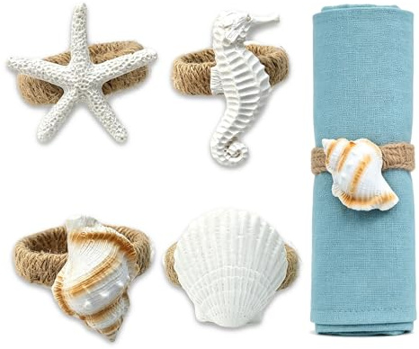 KASESSS Servettringar med havstema, set med 4, rustik jute kuststrand servettring sjöstjärna sjöhäst snäckskal, nautisk servettringar för bröllop, festmiddag, julbordsdekorationer