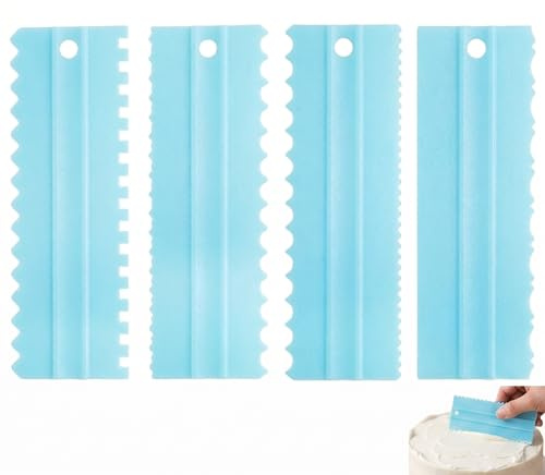 TEOZBLU Set di 4 Spatole per Dolci e Raschietti per Torte, Raschietto Dentato per Decorazione Crema e Glassa, Accessori Pasticceria Professionali in Plastica Blu per Cucina e Baking Fai da Te