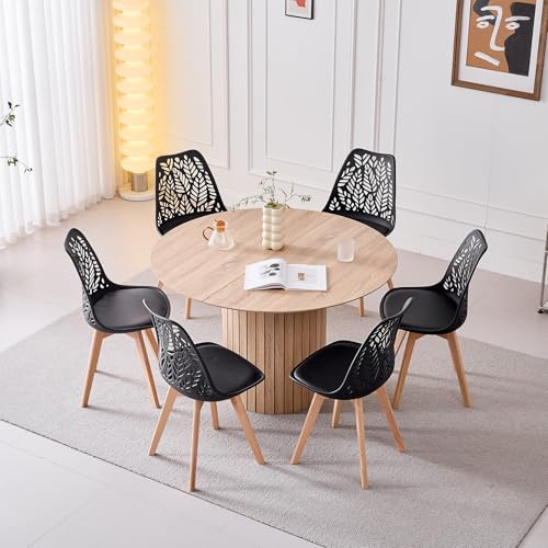 DEYARNA HOME Matgrupp 7 delar, 120 cm runt matbord och 6 matstolar, bord och stolar för 6 personer, MDF-bordsskiva, bokben av konstläder sittdyna för matsal, kök (svart