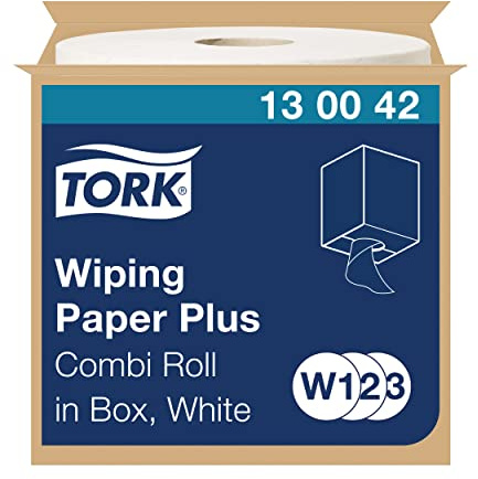 Tork 130042 Wiping Paper Plus / 2 Ply Absorbent Paper Roll for Tork W1 Wipers Wall/Floor & W2 Combi Roll Systems / White / 1 x 255m / Ø 26.2cm