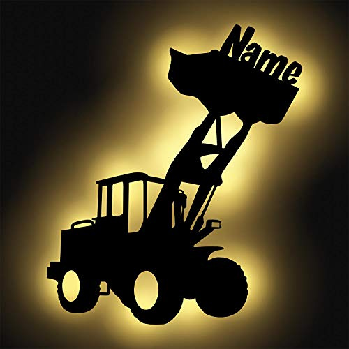 Namofactur personalisiertes Radlader-Nachtlicht aus Holz mit LED | Mit Wunschname, batteriebetrieben und zum Aufhängen – auch als Türschild oder Namensschild nutzbar.