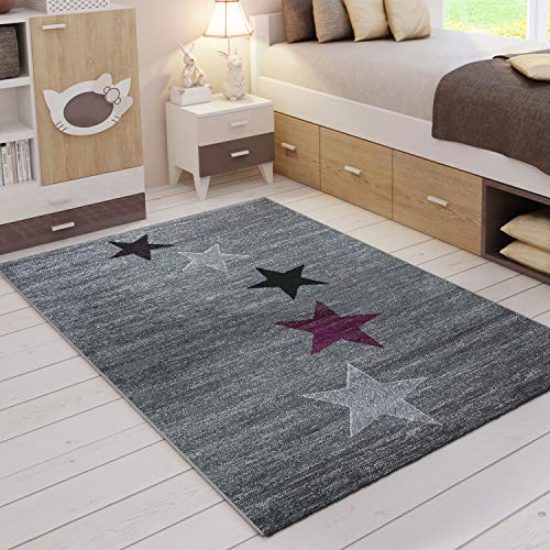 VIMODA Teppich Modern Jugendstil Kurzflor Grau Lila Schwarz Stern Muster, für Wohnzimmer, Schlafzimmer, küche, Maße:200x290 cm