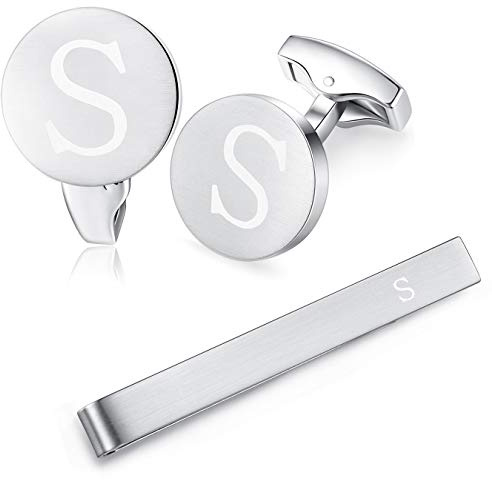 HONEY BEAR manschettenknöpfe & krawattennadel Set Initialen Buchstabe Herren Edelstahl Hochzeit Cufflinks Manschettenknopf Silber，A-Z,MEHRWEG (S)