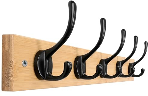 Dseap Garderobenleiste: Schwerlast-Garderobe-Hakenleiste mit 5 Haken, Kleiderhaken Wand, Wandgarderobe, Garderobenhaken für Mantel Hut Handtuch Handtasche, aus Bambus, Natur und Schwarz