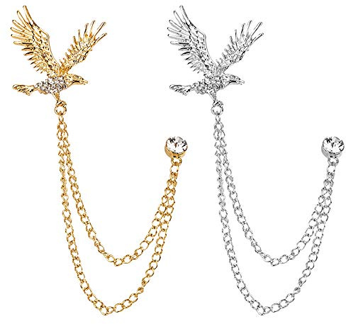 Huture 2 Confezioni Spilla d'aquila Uomo Bavero Distintivo Catene appese Colletto Spille Abito da Lavoro Smoking di Camicie Cravatta Cappello Sciarpa Ragazzo Padre Compleanno Regalo Oro/Argento