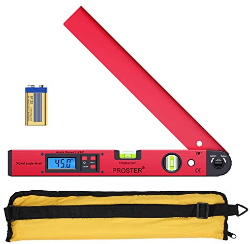 Proster Digitaler Winkelmesser 0-225 ° Digital Winkelmesser mit Wasserwaage und LCD Beleuchtetung 400 mm / 16 Zoll Winkelmessgerät mit Batterie und Tasche für Bedachungstechnik -Rot