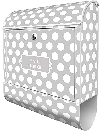 banjado Design Briefkasten personalisiert 38,5x46,5x13cm & 2 Schlüssel - Briefkasten Stahl Weiß Zeitungsfach pulverbeschichtet - Postkasten A4 Einwurf inkl. Montagematerial - Motiv Punkte Grau