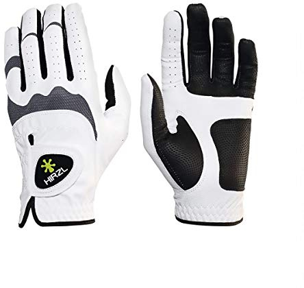 HIRZL Trust Hybrid Golf Gloves, Mens Golf Glove, White Black, Kangaroo Leather, Polyester, Ultimate Grip, Wet Dry, Ergonomic Fit, Breathable, Sweat Free, Water Repellent, Medium Large,Left Hand