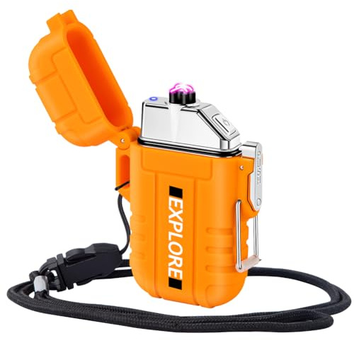 LcFun Electric Lighter - USB C Rechargeable, Windproof, Waterproof Flameless Dual Arc Plasma Lighters with Portable Lanyard for Adventure, Survival Tactical, Camping Gadgets for Men (Orange)