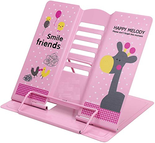 FülleMore Cartoon Leseständer Metall Buchständer für Kinder Mädchen Bücher Tablet 6 Stufen einstellbar Buchhalter Lesehelfer Schule Büro Küche Buchaufsteller Kochbuchständer (Rosa mit Giraffe Muster)