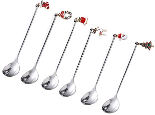 Angoily 6 Stück Weihnachtslöffel Set Edelstahl Kaffeelöffel Eislöffel Teesuppe Zuckergewürz Bistro Löffel Weihnachtsgeschirr Set mit Geschenkbox Silber