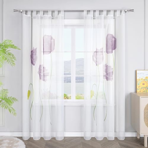 SCHOAL Gardinen mit Schlaufen Transparente Vorhänge Voile Gardinenschal Modern Blumen Muster 1 Stück BxH 150x225cm Violett