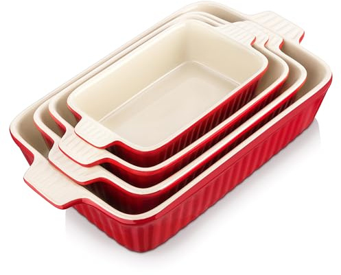 MALACASA Lot de 4 moules de cuisson rectangulaires en porcelaine pour four, cocotte, lasagnes, gâteaux, tarte, dîner, cuisine, rouge (24,1 cm/28,6 cm/32,4 cm/36,8 cm)