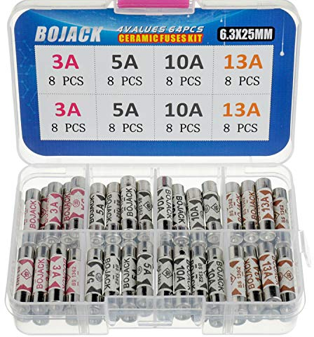 BOJACK 4 Values 64 pcs 3 5 10 13 A amp 240 V Volt Household Mains Plug Fuse 6.3x25 mm 0.25x1Inch BS1362 Ceramic Tube Cartridge Fuses Assortment Kit packag in a Clear Plastic Box