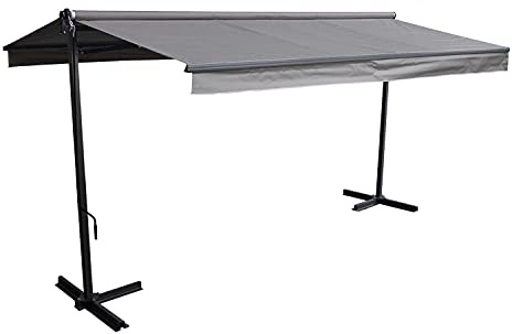 Store Double Pente Frene sur Pieds de Dimensions 3,95 x 3 m, Toile Grise et Structure Grise