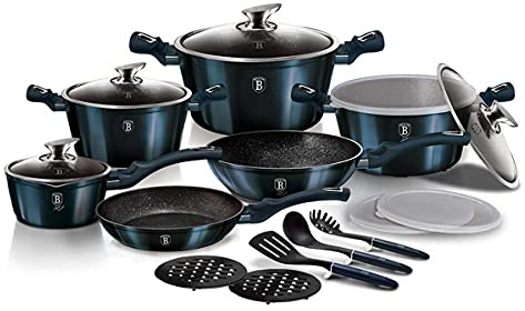 18 Piece Berlinger House Casserole Pots & Frying Pan Set Aquamarine with 3 Layer Non Stick Marble Coating