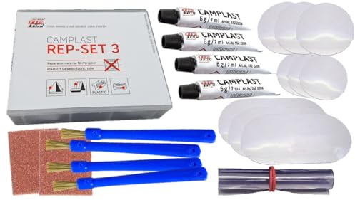 Fishingglue PVC & PU-REPARATURSET CAMPLAST REP-Set 3 + 4 Rundpinsel Produktbeschreibung, Flickzeug für Schlauchboot, Zelt, Pool, Gewebe, Planen, Markise, Isomatte, Luftmatratze