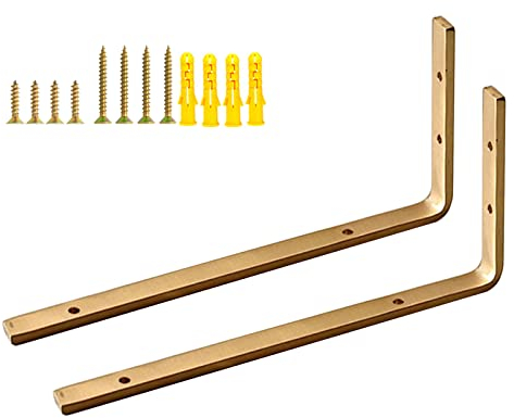 XIAODANKE 2 Stück Massivem Kupfer Regalhalterungen L Form Reinem Kupfer Schwimmende Regalträger 200 × 95mm Schwerlast Metallhalterung Wandkonsole, Gold