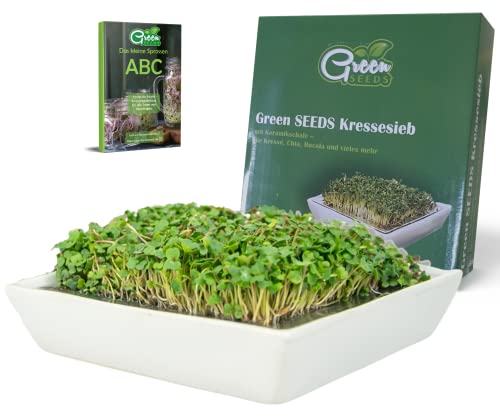 Green SEEDS® Kressesieb 1er Set | Edelstahlsieb mit hochwertiger Keramikschale | Anzuchtschale 14 x 14cm Spülmaschinenfest u. Rostfrei + Sprossen-ABC (E-Book)