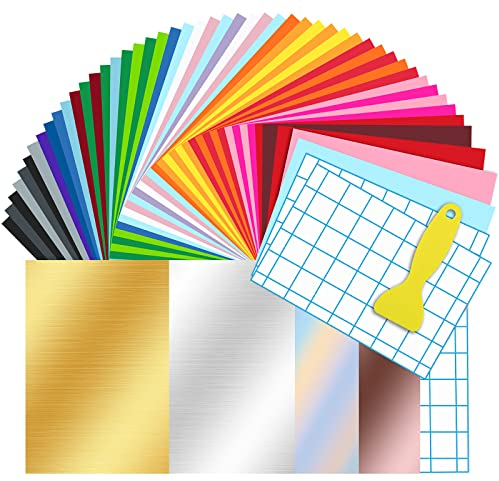 61 Stück Vinylfolie Plotter Selbstklebend,58 Stück Selbstklebende Folie+ 3 Blätter Transferfolie Plotter für Cricut, Partydekoration, Aufkleber, Bastelschneider, Autoaufkleber(25 Farben)