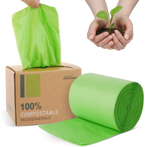 JENCENBIO Compostable Trash Bags, 2.6 Gallon, 100 Count, 100% Compost Waste Bags for Kitchen Bathroom Office, Small Countertop Bin Compost Bags, US BPI and Europe OK Compost Home Certified