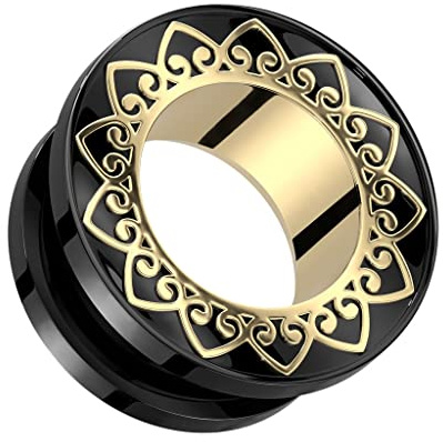 beyoutifulthings Ohr-Tunnel Schwarz Gold Mandala-Rand Chirurgenstahl Ohr-Piercing Ohr-Schmuck Plug Screw Fit Schraub-Verschluss 8-25mm