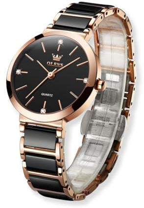 Raitown Damenuhr, Roségold Keramik Edelstahl-Uhr, 30mm Kleines Zifferblatt | Minimalistische analoge Quarzuhr, wasserbeständig, für schmale Handgelenke, Schwarz & Weiß – elegantes Geschenk für Damen