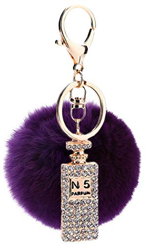 Canarea Schlüsselanhänger plüsch ball Taschenanhänger strass bommel Keychain,Elegant Plüsch-Kugel Auto-Anhänger Pompom mit Strass Parfümflasche Glitzer Weich Schlüsselring (Lila)
