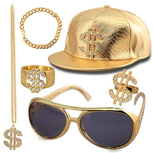 Hip Hop Kostüm Set, 80s 90s Hip Hop Rapper Accessories, Dollar Kette, 1 Stück Halskette, 2 Stück Ringe, 1 Stück Armbänder, 1 Paar von Sonnenbrille mit 1 Stück Hut für Fasching oder Parteien