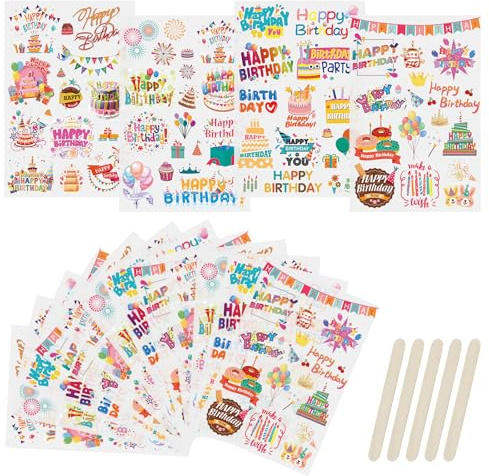 WANDIC Rub On Transfer Aufkleber, 16 Blatt 4 Stile Happy Birthday Transfer Aufkleber Geburtstag Ballon Kerzen Aufkleber für Scrapbook Journal Planer