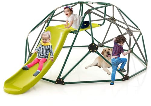 GYMAX Dome Climber with Slide, 2 in 1 Kids Climbing Set, Convenient Grip, Outdoor Indoor Children Climbing Frame for 3-12 Years Old Boys Girls (Grey+Green)