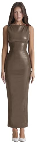XLLAIS Women's Faux PU Leather Bodycon Maxi Dress Sexy Boatneck Tank Long Dresses Earth, XX-Large