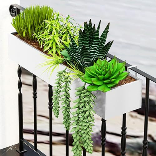 MOFGOE Fioriera con ringhiera in Metallo Bianco - Grande fioriera da Balcone - Scatole rettangolari per ringhiere - Vaso da Fiori sospeso in Ferro,80x20x13cm