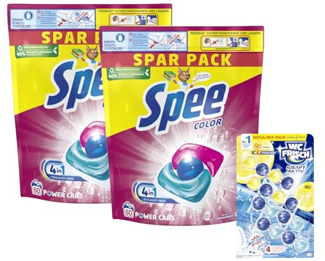 Spee Power Caps Color (1x 120 WL), Colorwaschmittel für Buntwäsche & Dunkles, vordosiertes Waschmittel & WC FRISCH Kraft Aktiv Duftspüler Mix Lemon + Frische Brise, 1x 200g