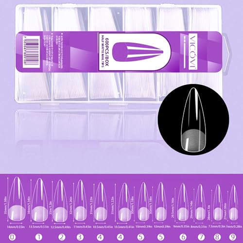 MrCuvaryas Nageltips 600 Stück, Stiletto Long Full Cover Nail Tips Set, Weiche Gelspitzen, Kurze Nagelspitzen Tips, Vorpolierte Künstliche Nagelspitzen aus PMMA-Harz für Frauen, Salon, 9 Größen