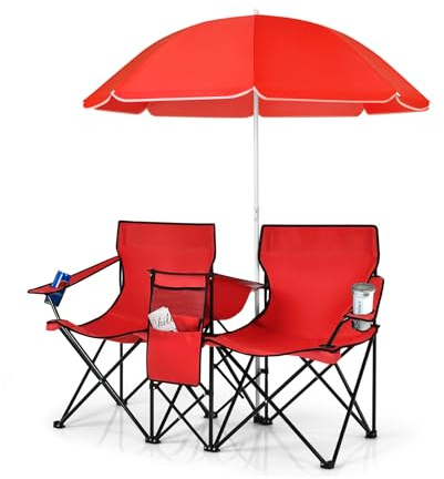 COSTWAY Sedia da Campeggio Pieghevole a 2 Posti, Poltrona Giardino Doppio con Ombrellone, Sedia da Pesca con Borsa Frigo, Portabicchieri, Portata 270 kg (Rosso)