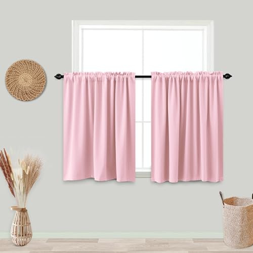 KOUFALL Pink Kitchen Curtains 24x36 Inch Length Set of 2 Pack Rod Pocket Short Curtains for Small Bathroom