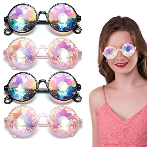 FUIPVGI 4 Stück Diffractions Party Brille mit 3D Prisma Bunt Effekt Mode Retro Rave Party Dress up Brille, Rave Brille für Nacht Show Karneval Party Herren Damen (Schwarz, Rosa)